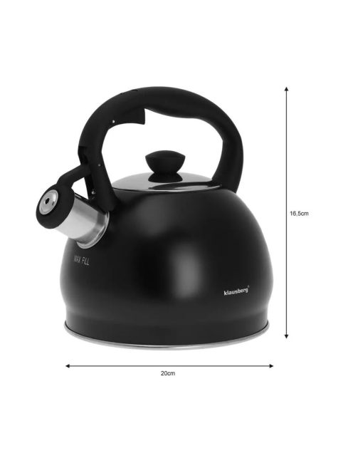 Klausberg teáskanna, sípszóval, fekete matt, 2.0L (KB-7428)